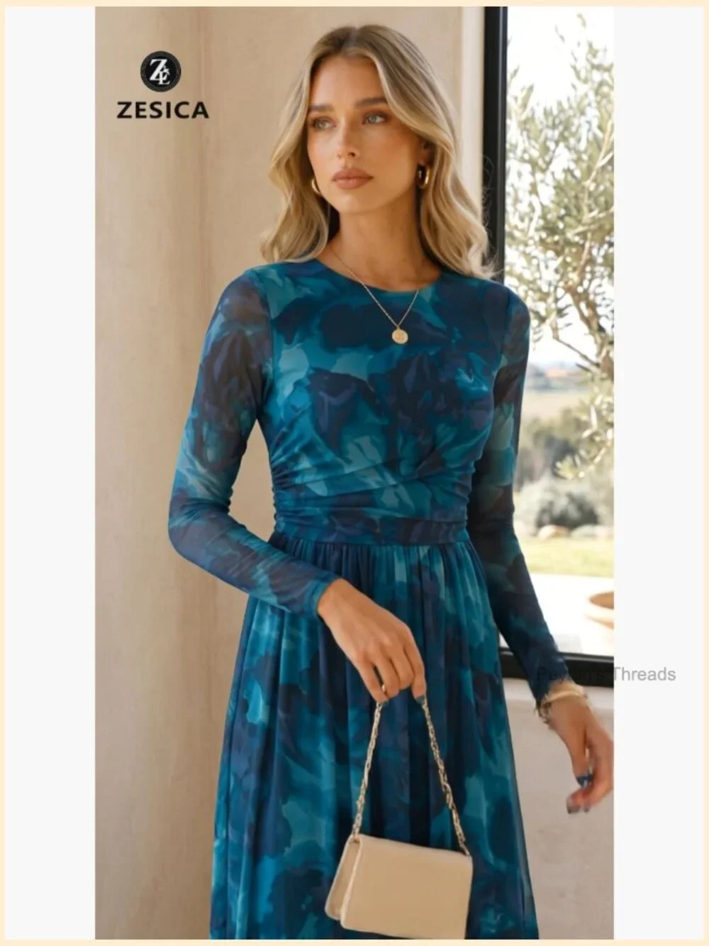 Long Sleeve Maxi Dress with Floral Print, Crewneck, Ruched Waist, Mesh - Picture 7 of 7